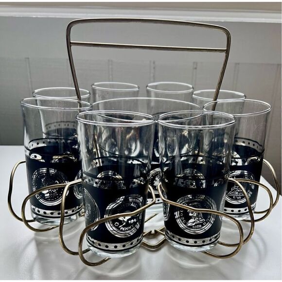 Vtg Hazel Atlas Coins Of the World 8 Glasses, Ice Bucket Black Gold & Caddy MCM - Picture 4 of 16